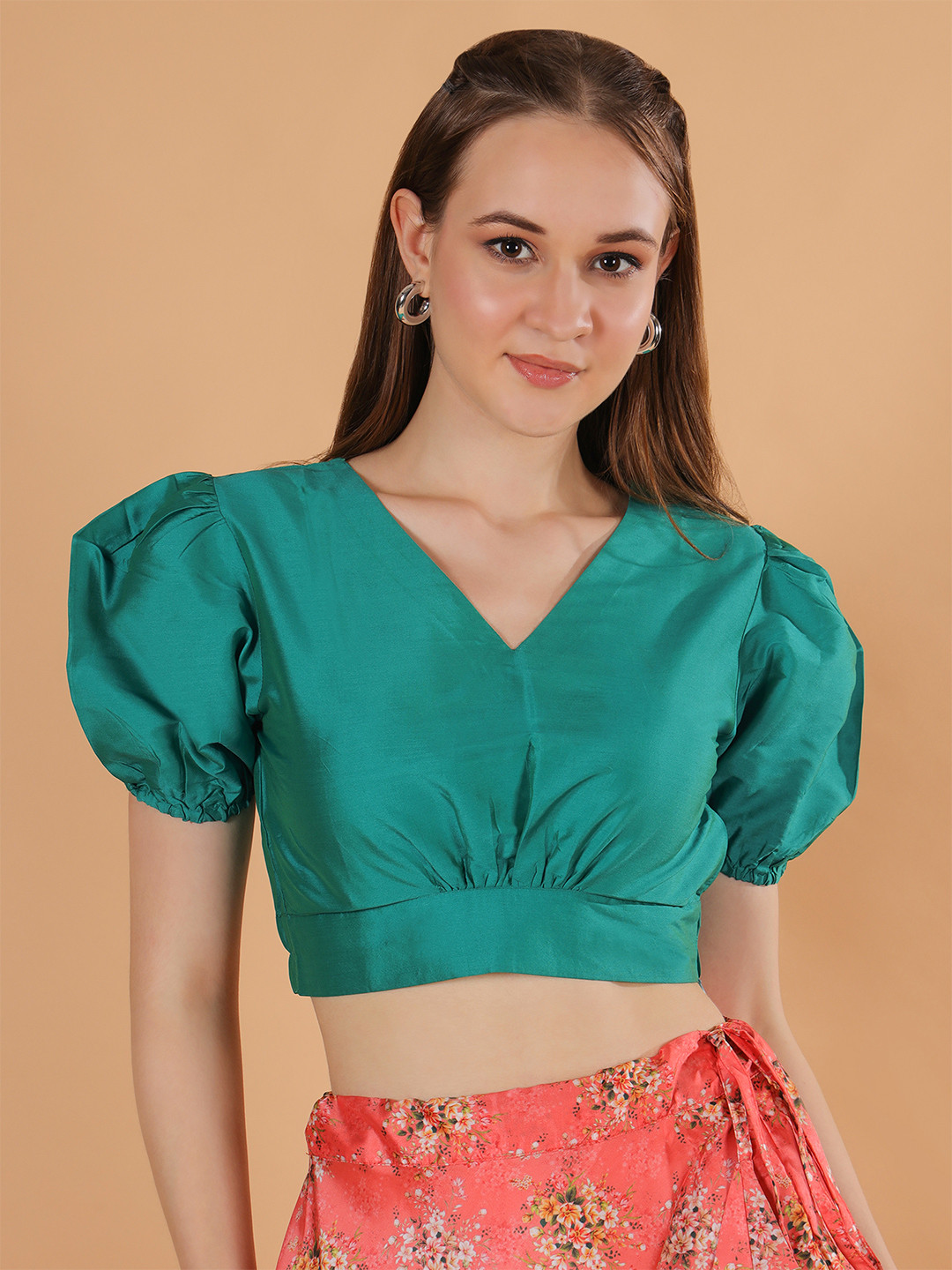 Frolic Rolic Teal Green Silk Blend V-Neck Puff Sleeves Blouse