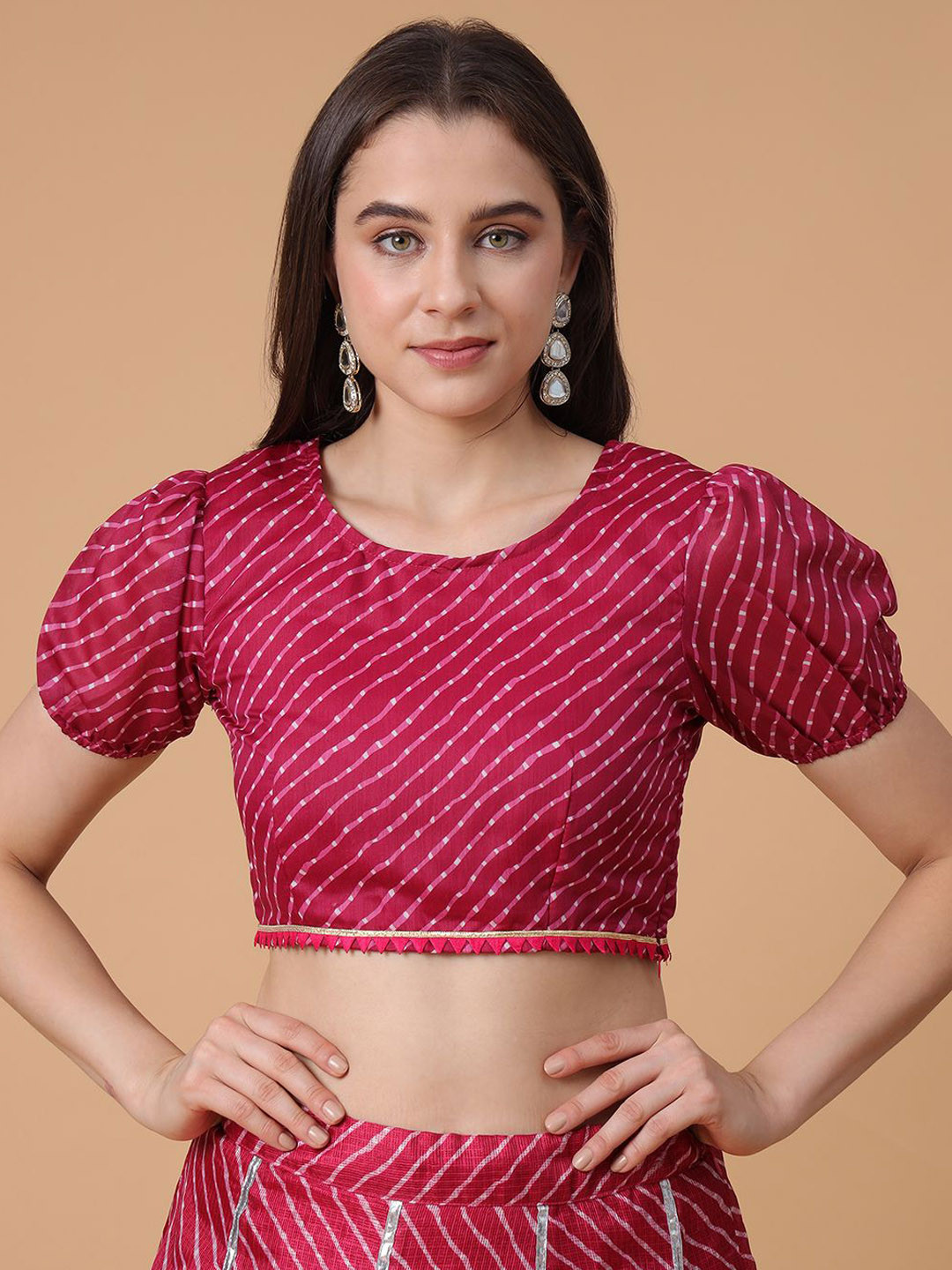 Frolic Rolic Pink Leheriya Silk Blend Round Neck Short Puff Sleeves Blouse
