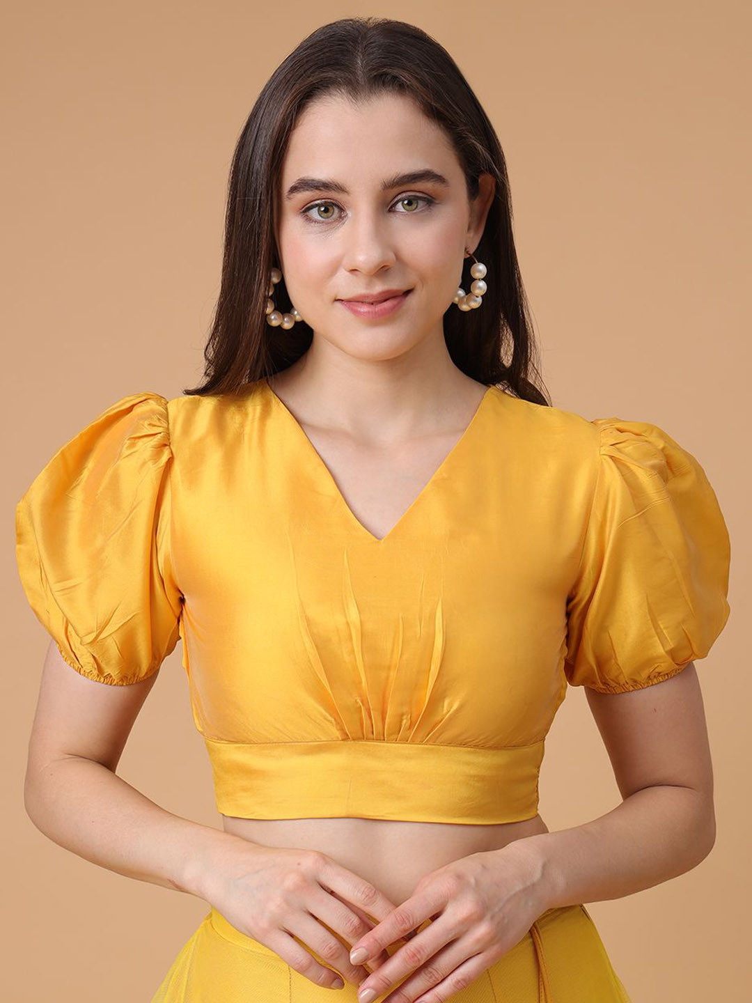 Frolic Rolic Yellow Silk Blend V-Neck Puff Sleeves Blouse