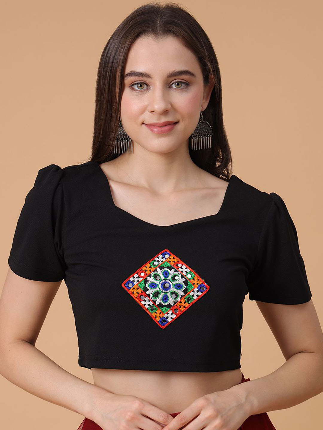 Frolic Rolic Knitted Black Embroidered Patch Work Polyester Blouse