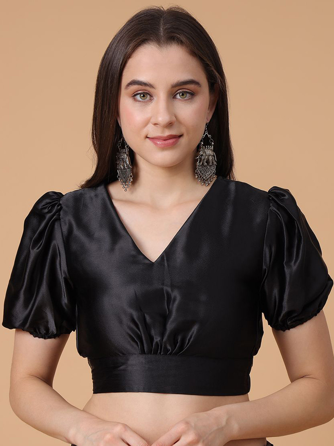 Frolic Rolic Black Silk Blend V-Neck Puff Sleeves Blouse