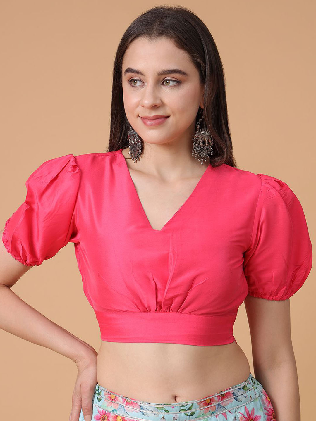 Frolic Rolic Bright Pink Silk Blend V-Neck Puff Sleeves Blouse