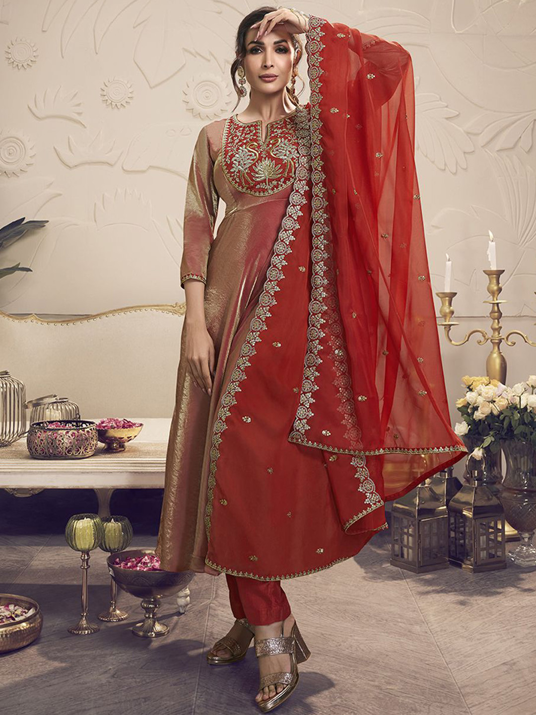 Inddus Women Floral Yoke Design Thread Work A-Line Crushed Organza Kurta Set