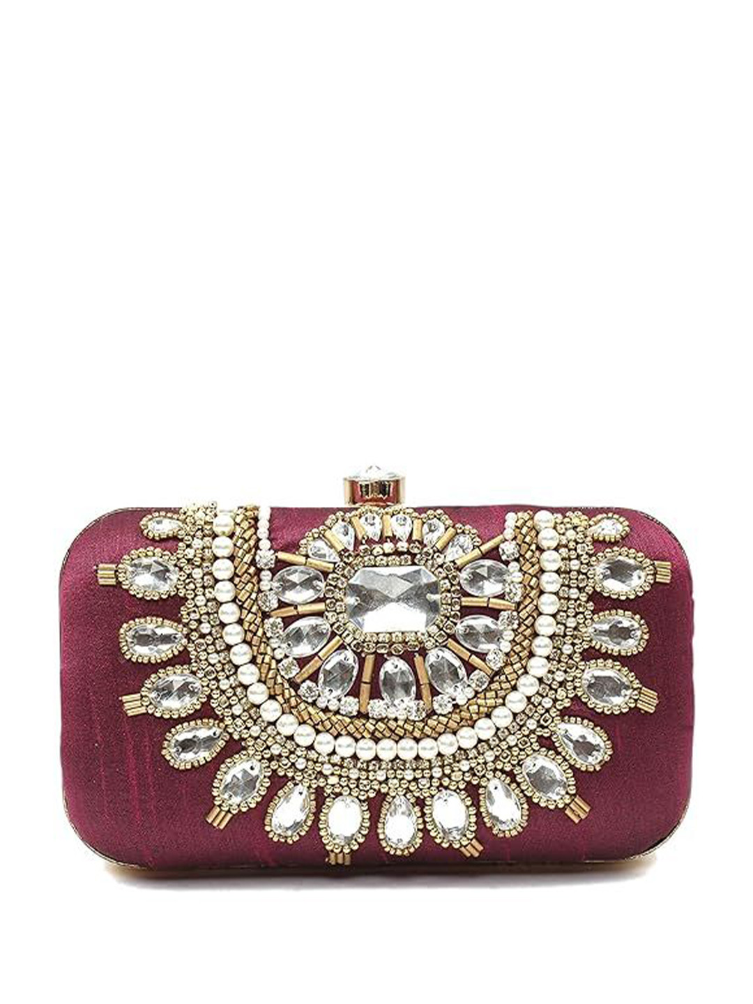 FRINGES Embroidered Crystal Studded Box Clutch