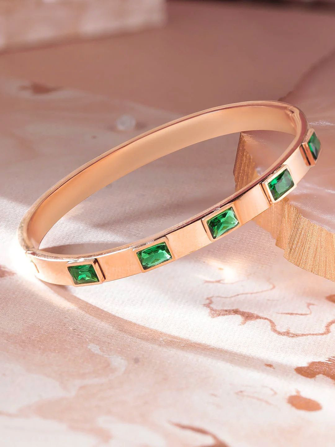 DressBerry Rose Gold-Plated Stainless Steel Emerald-Studded Bangle-Style Bracelet