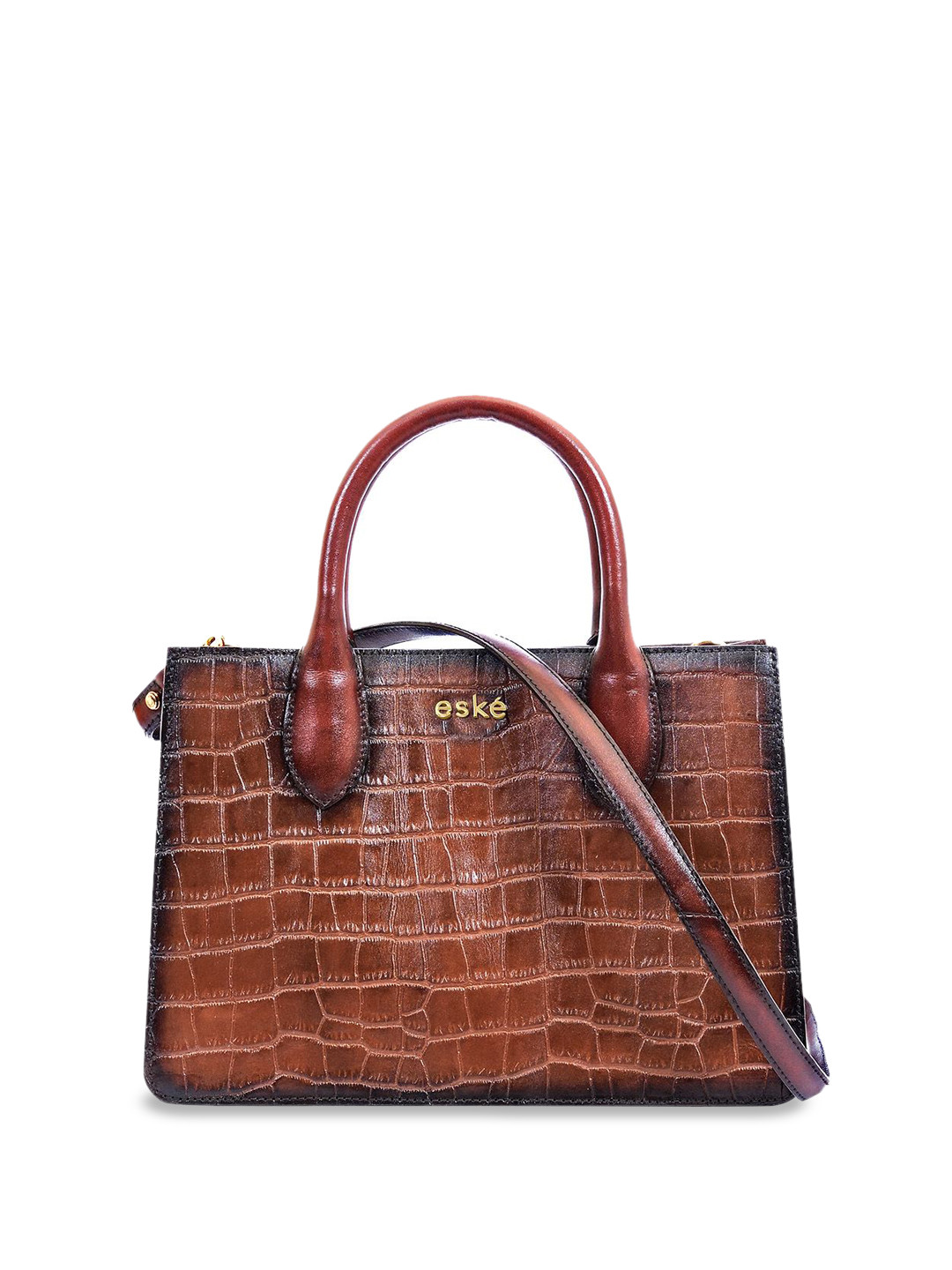 eske Women Tan Croco Textured 3 Compartment Structured Build Office Leather Handbag