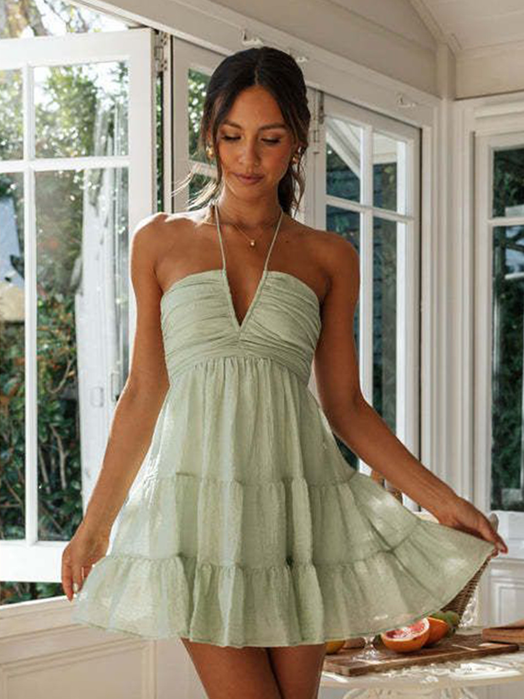 MIAKEE Halter Neck Tiered Empire Mini Dress