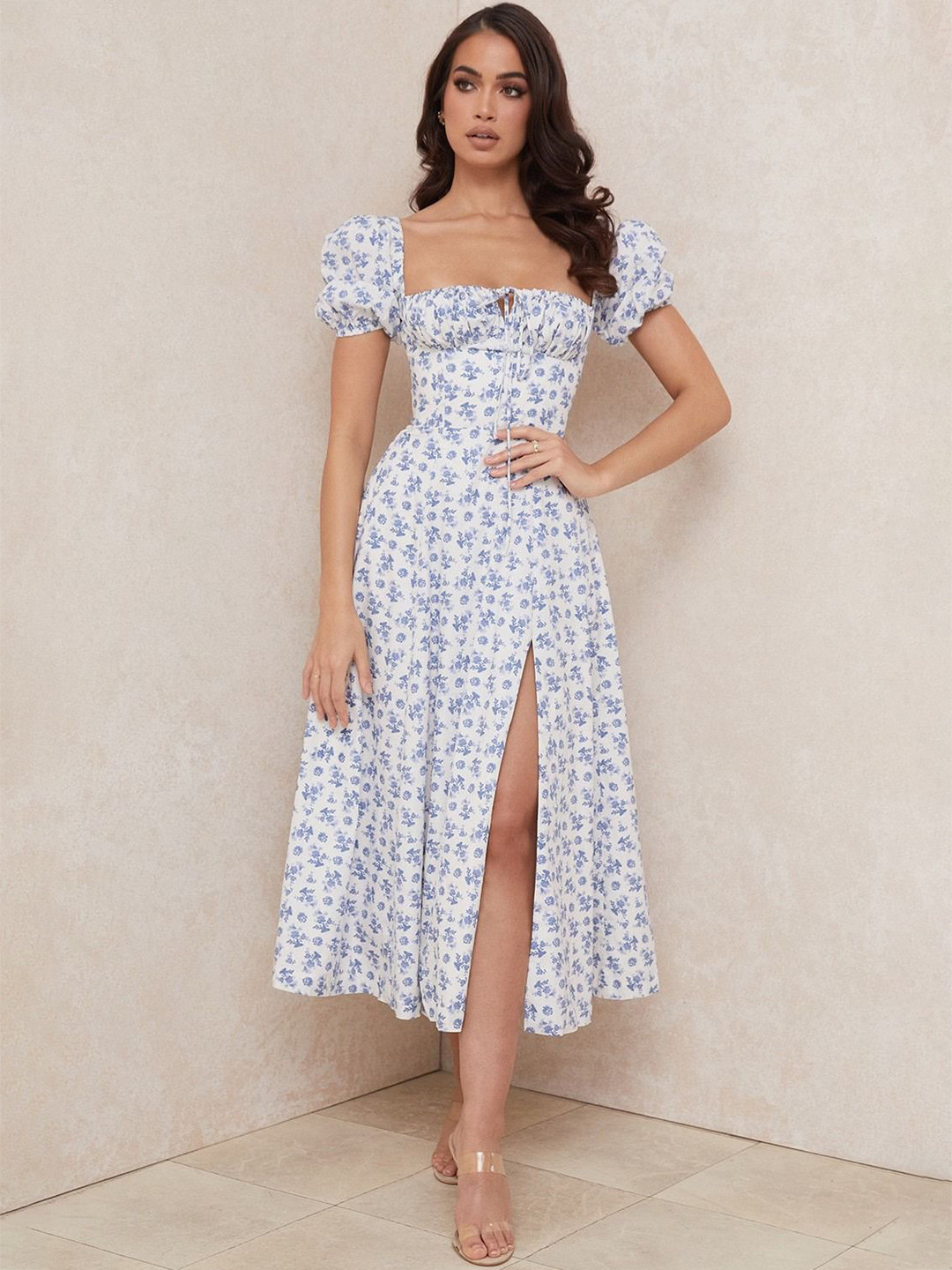 MIAKEE Floral Print Puff Sleeve Fit & Flare Midi Dress