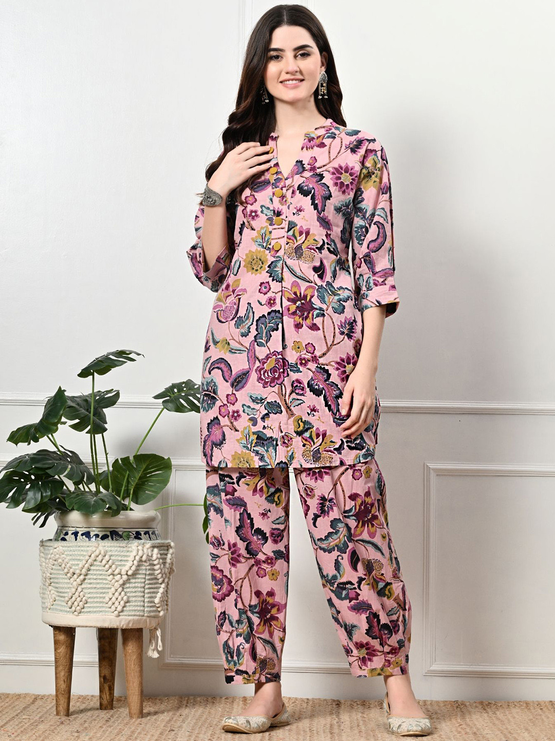 Laado - Pamper Yourself Floral Printed Band Collar Pure Cotton Kurta With Salwar