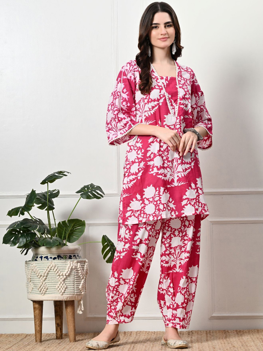 Laado - Pamper Yourself Floral Printed Band Collar Pure Cotton Kurta With Salwar