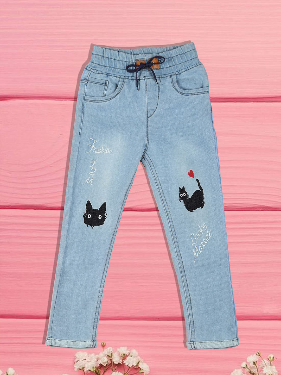 F2M Girls Low Distress High Waist Light Fade Embroidered Jeans