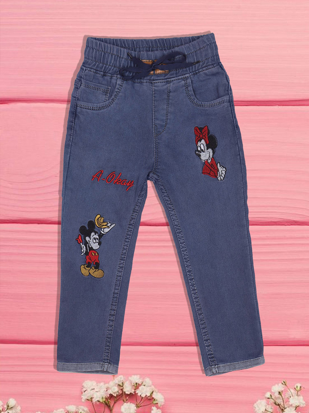 F2M Girls Slash Knee Embroidered High Waist Jeans