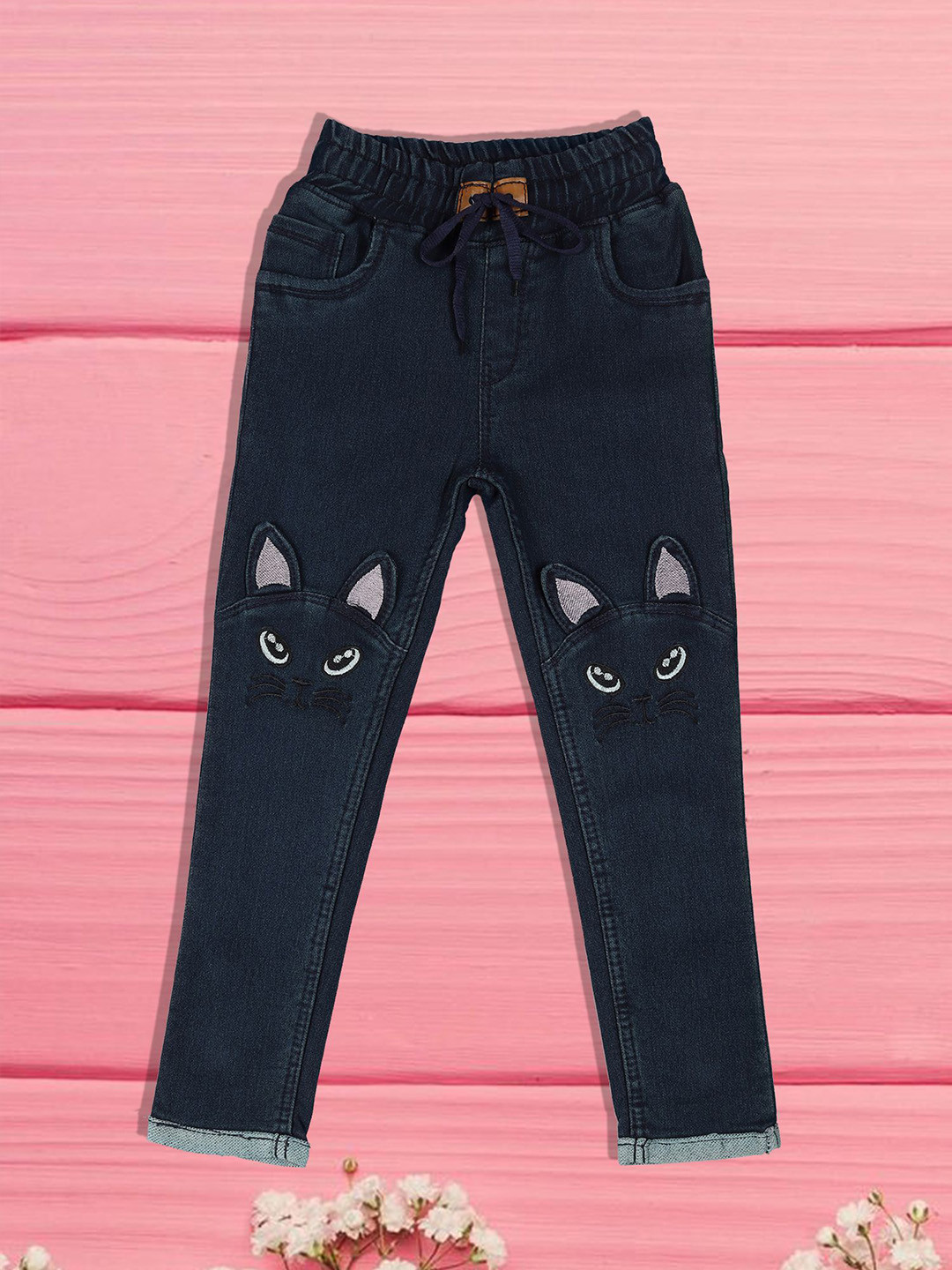 F2M Girls Slash Knee Embroidered High Waist Jeans