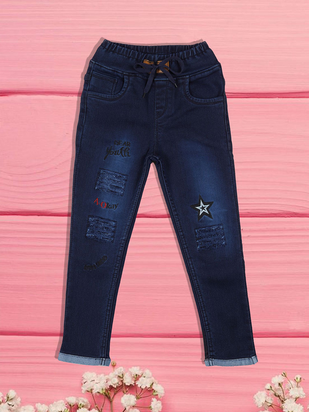 F2M Unisex Kids Slash Knee Light Fade Embroidered Stretchable Jeans