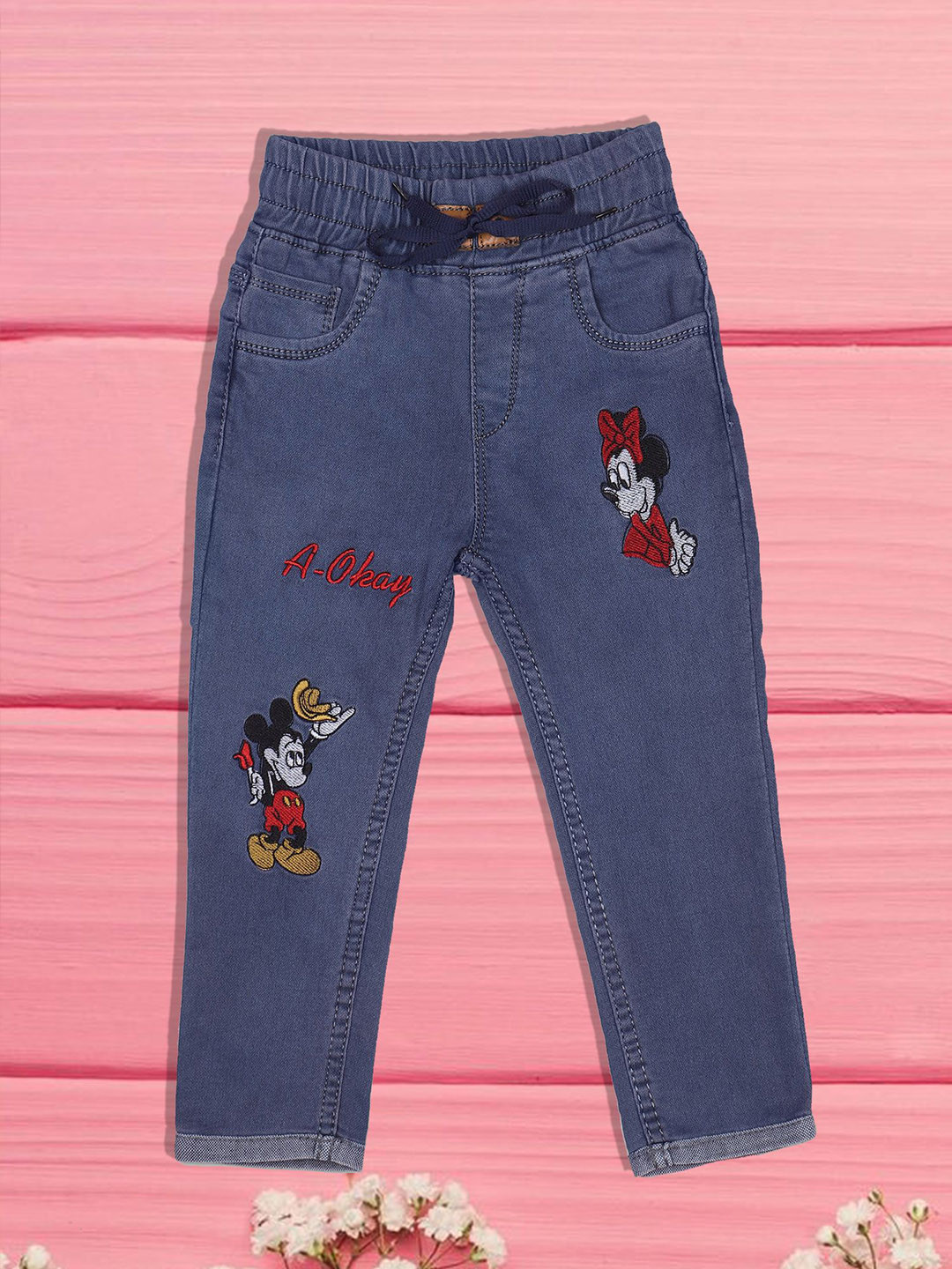 F2M Unisex Kids Slash Knee Embroidered Stretchable Jeans