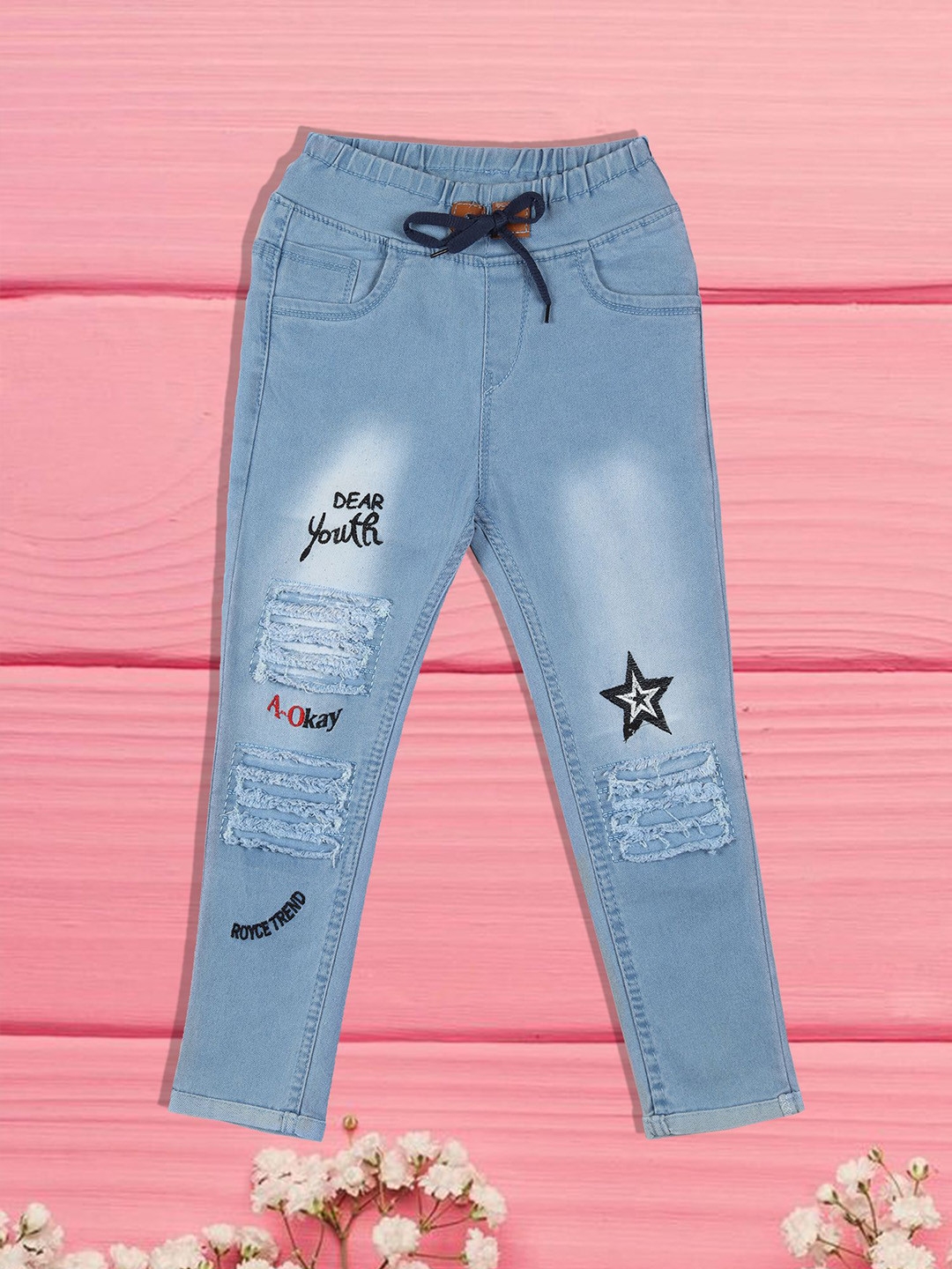 F2M Unisex Kids Mildly Distressed Light Fade Embroidered Stretchable Jeans