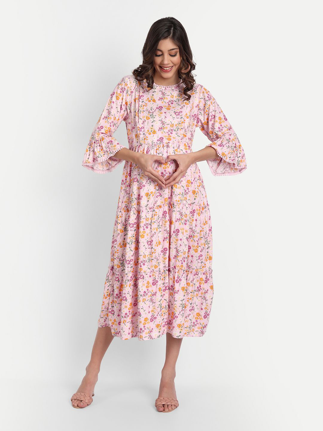 Aaruvi Ruchi Verma Floral Print Flared Sleeve Maternity Fit & Flare Midi Dress