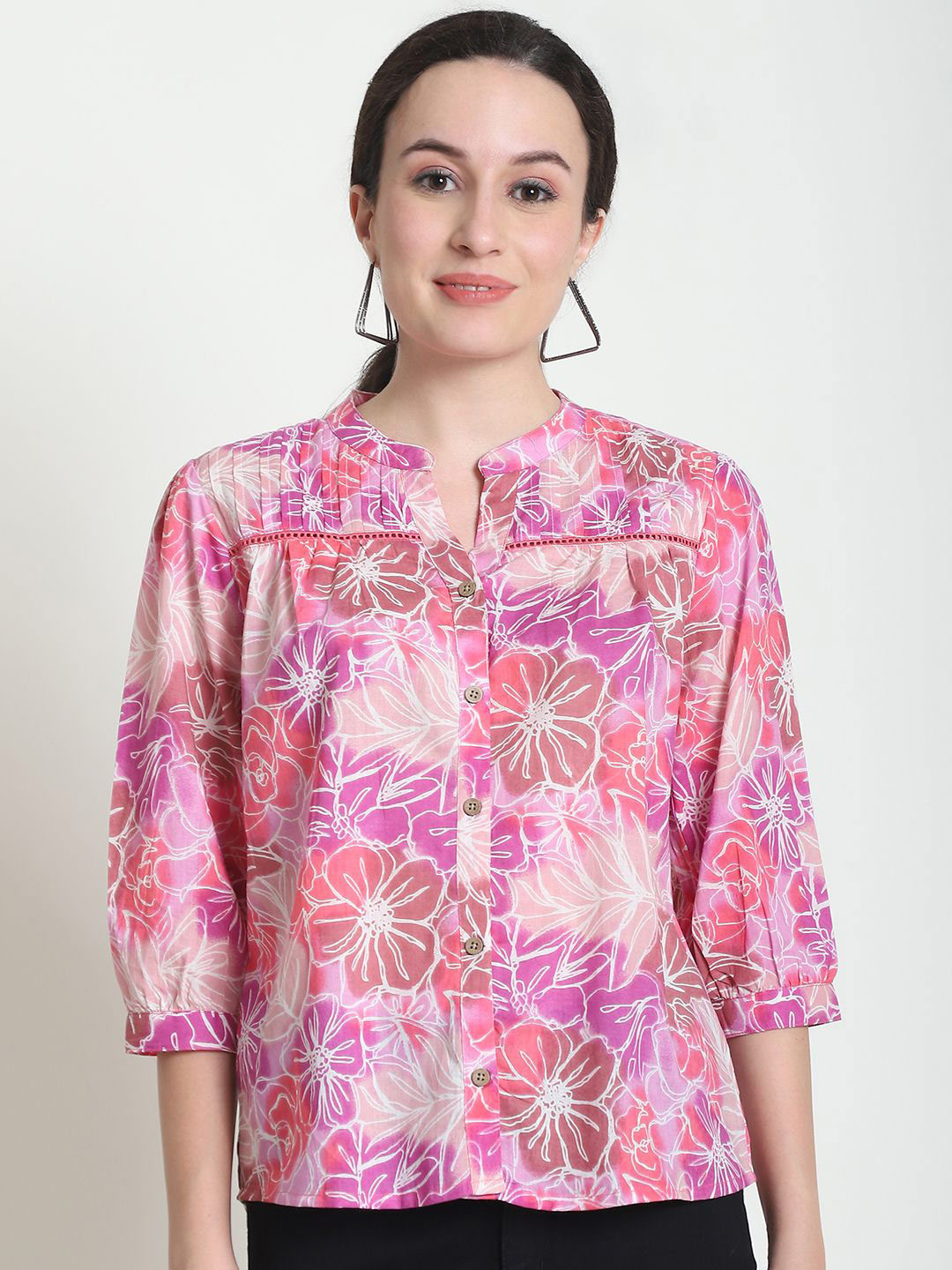 Frempy Women Floral Printed Mandarin Collar Organic Cotton Shirt Style Top
