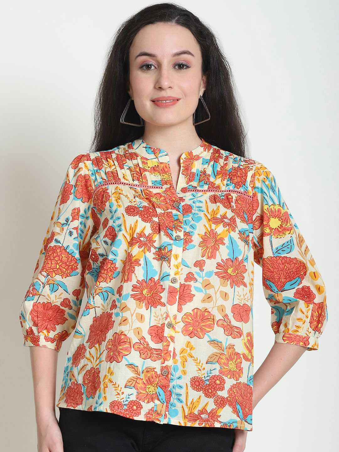 Frempy Women Floral Printed Mandarin Collar Organic Cotton Shirt Style Top