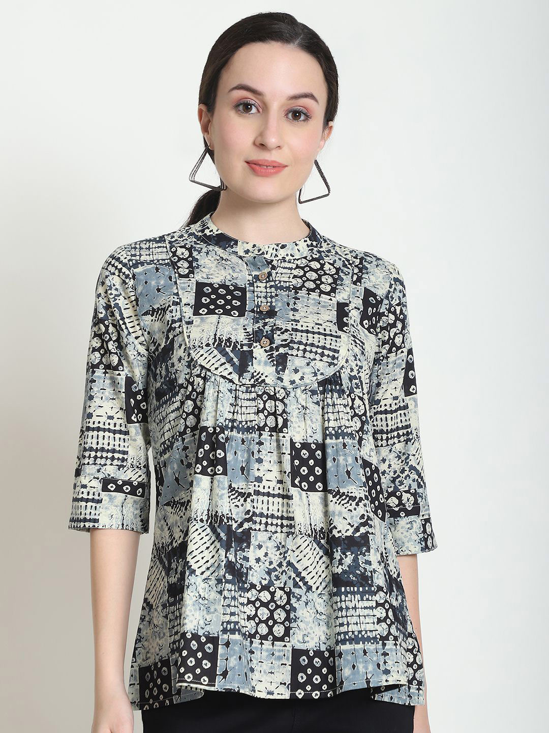 Frempy Women Printed Mandarin Collar Organic Cotton Top