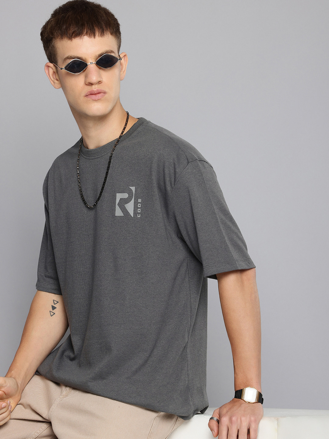 R.Code by The Roadster Life Co. Men Brand Logo Printed Oversized T-shirt