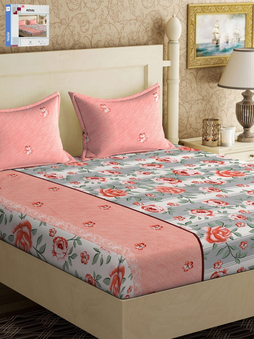 KLOTTHE Pink Floral Cotton 300 TC King Bedsheet with 2 Pillow Covers-98 x 89 inches