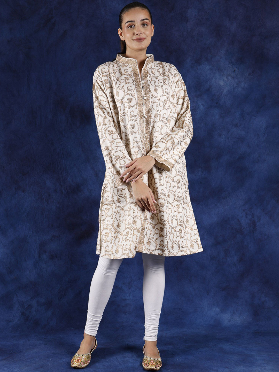 Exotic India Cannoli Cream Kashmiri Long Jacket with Aari Embroidered Floral Jaal