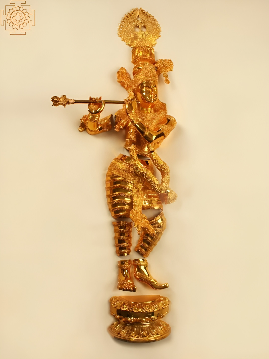 Exotic India Lord Krishna Playing Flute Gold Brass Metallic Living Room Small Showpiece - 53.9 Inches