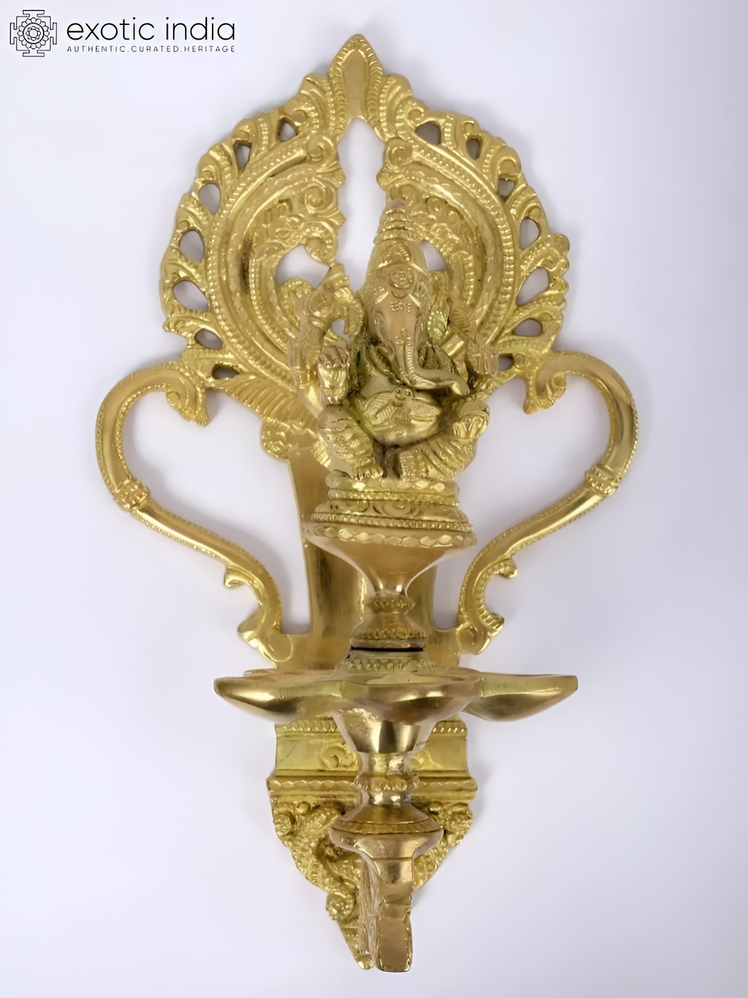 Exotic India 11'' Brass Lord Ganesha Multiple Wicks Wall Hanging Lamp