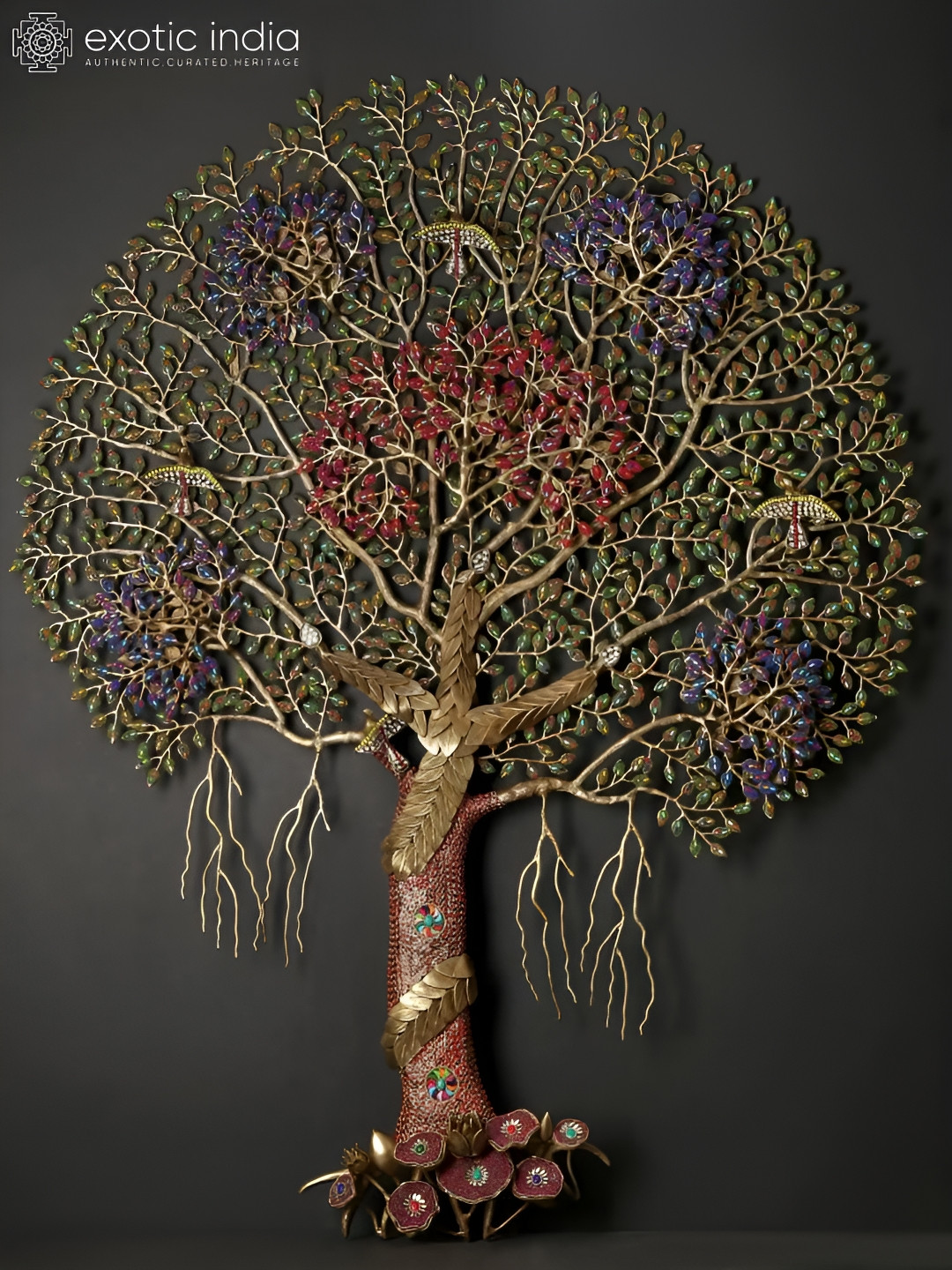 Exotic India Beautiful Tree of Lif Brass Glossy Hanging Hall Wall Hangings-59.1In