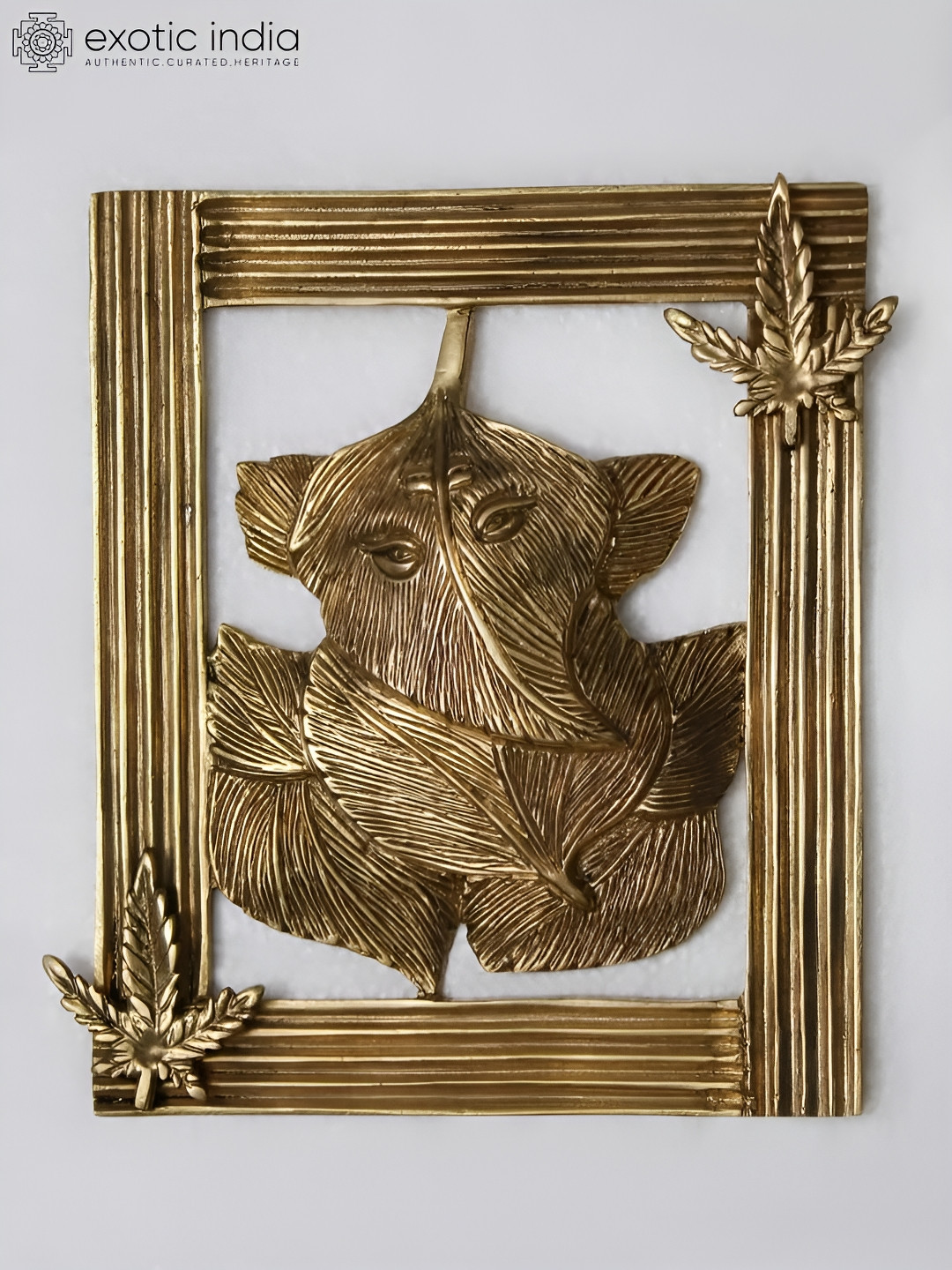 Exotic India Ganesh Brass Ethnic Motifs Glossy Pooja Room Spiritual Wall Decor-7.5In