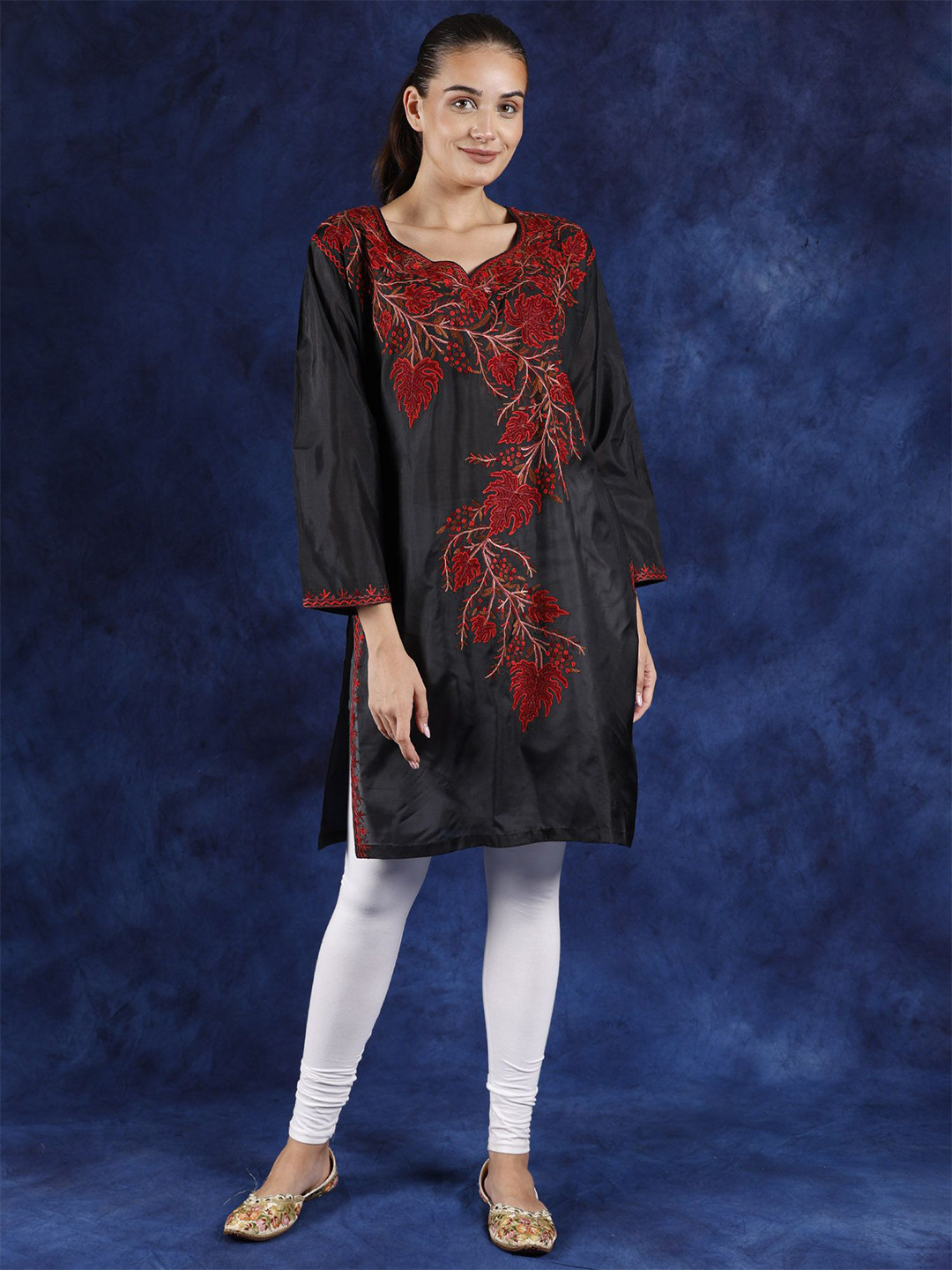 Exotic India Black Onyx Kashmiri Long Kurti with Aari Hand Embroidered Maple Vines