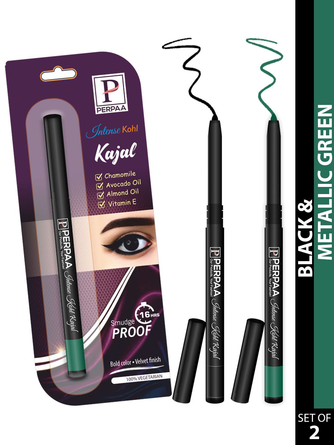 PERPAA Intense Set Of 2 Kohl Kajal Pencil - 0.35g Each - Black & Metallic Green