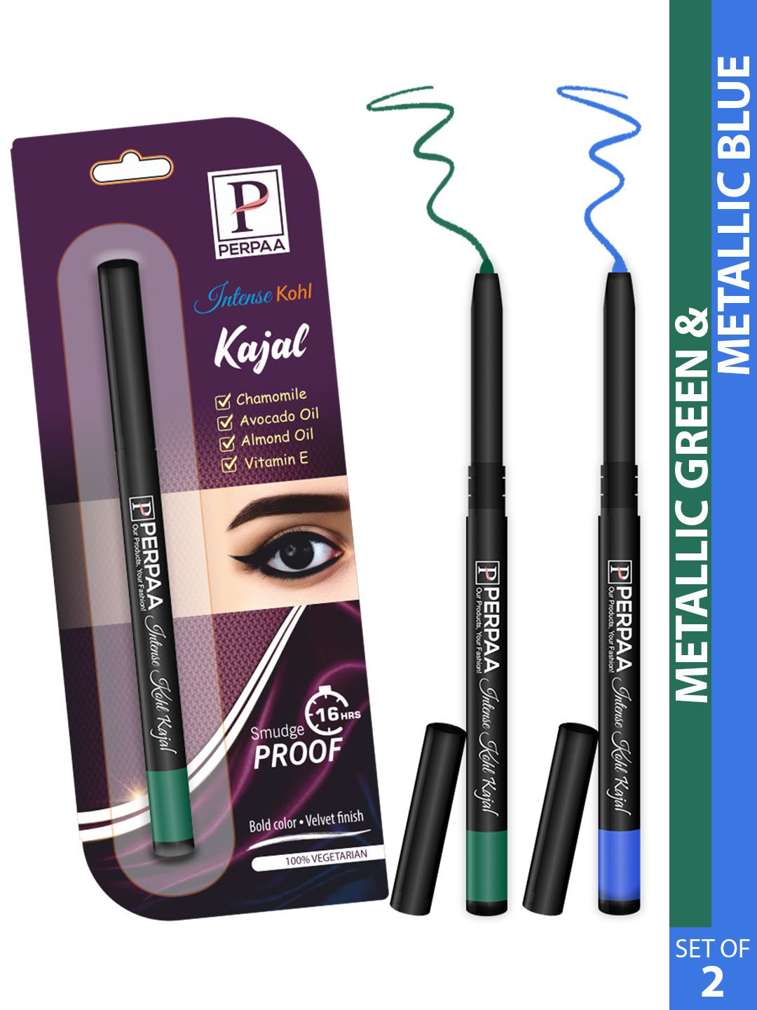PERPAA Intense Set Of 2 Kohl Kajal Pencil - 0.35g Each - Metallic Green-Metallic Blue