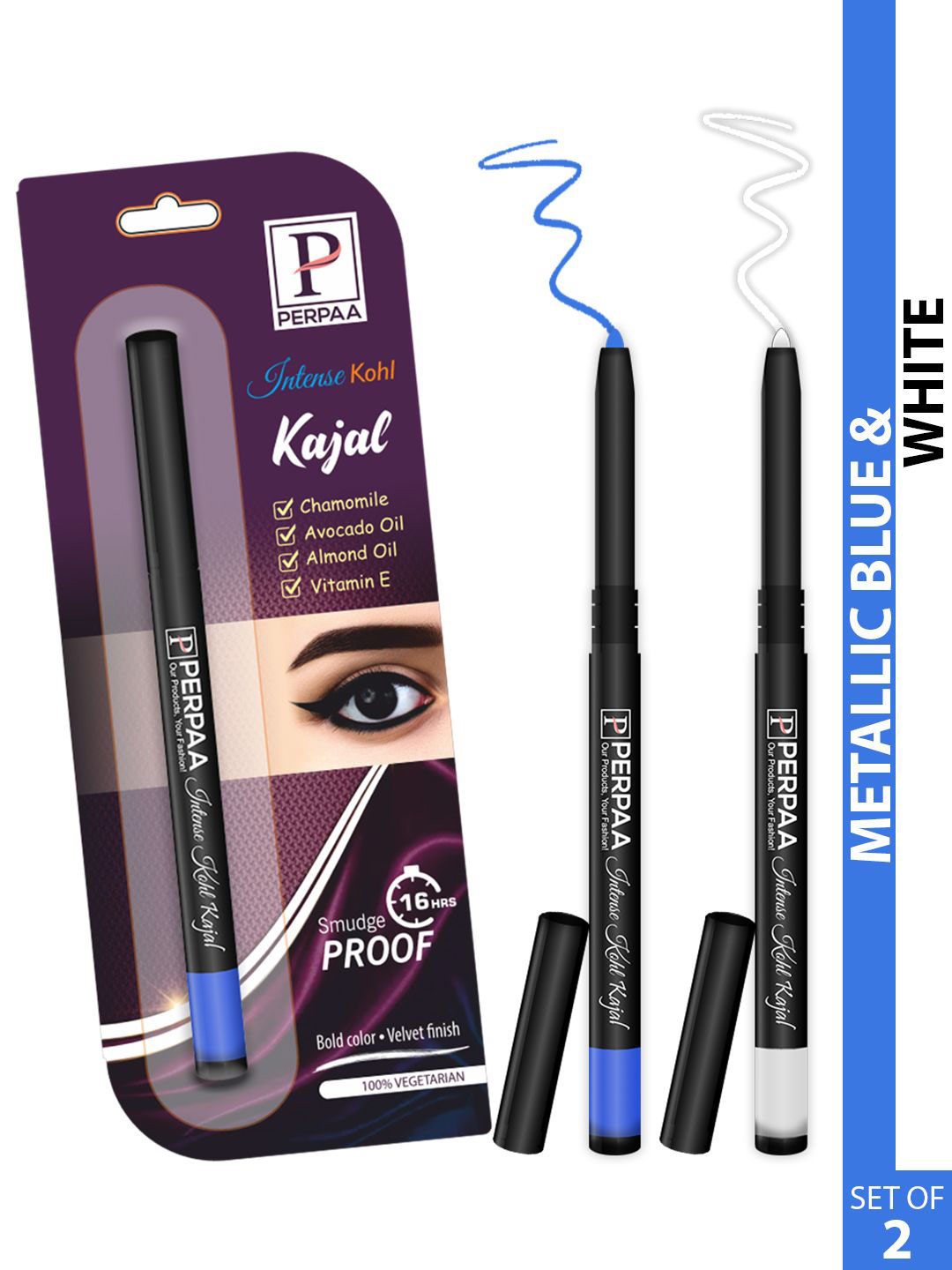PERPAA Intense Set Of 2 Kohl Kajal Pencil - 0.35g Each - Metallic Blue-White