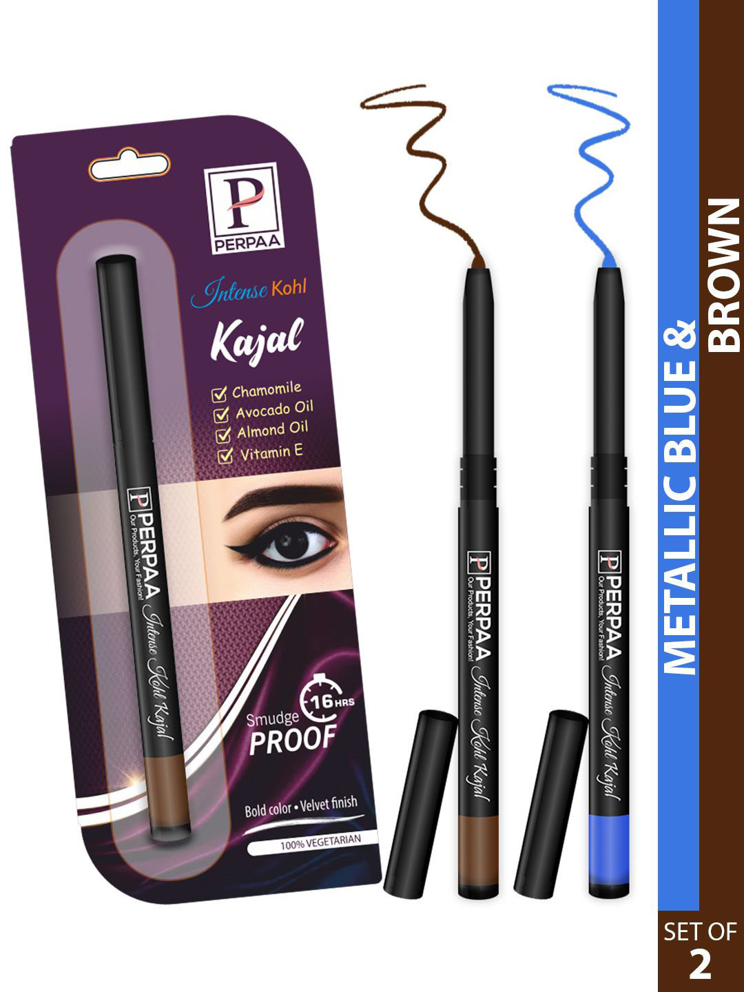 PERPAA Intense Set Of 2 Kohl Kajal Pencil - 0.35g Each - Metallic Blue-Brown