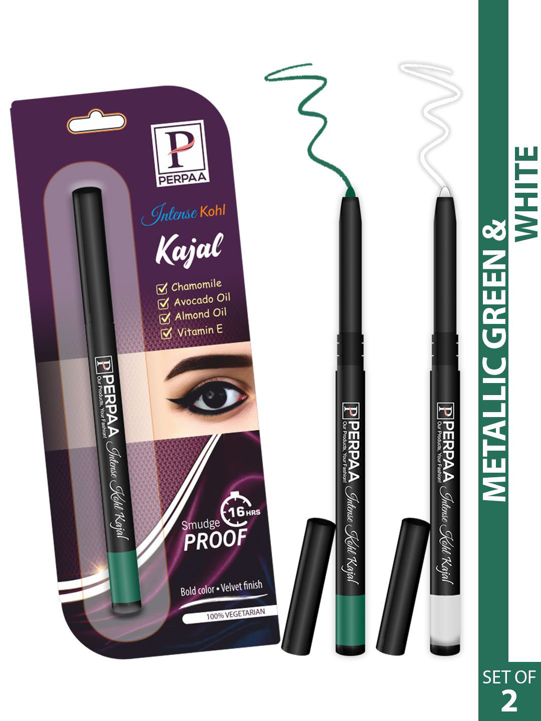 PERPAA Intense Set Of 2 Kohl Kajal Pencil - 0.35g Each - Metallic Green-White