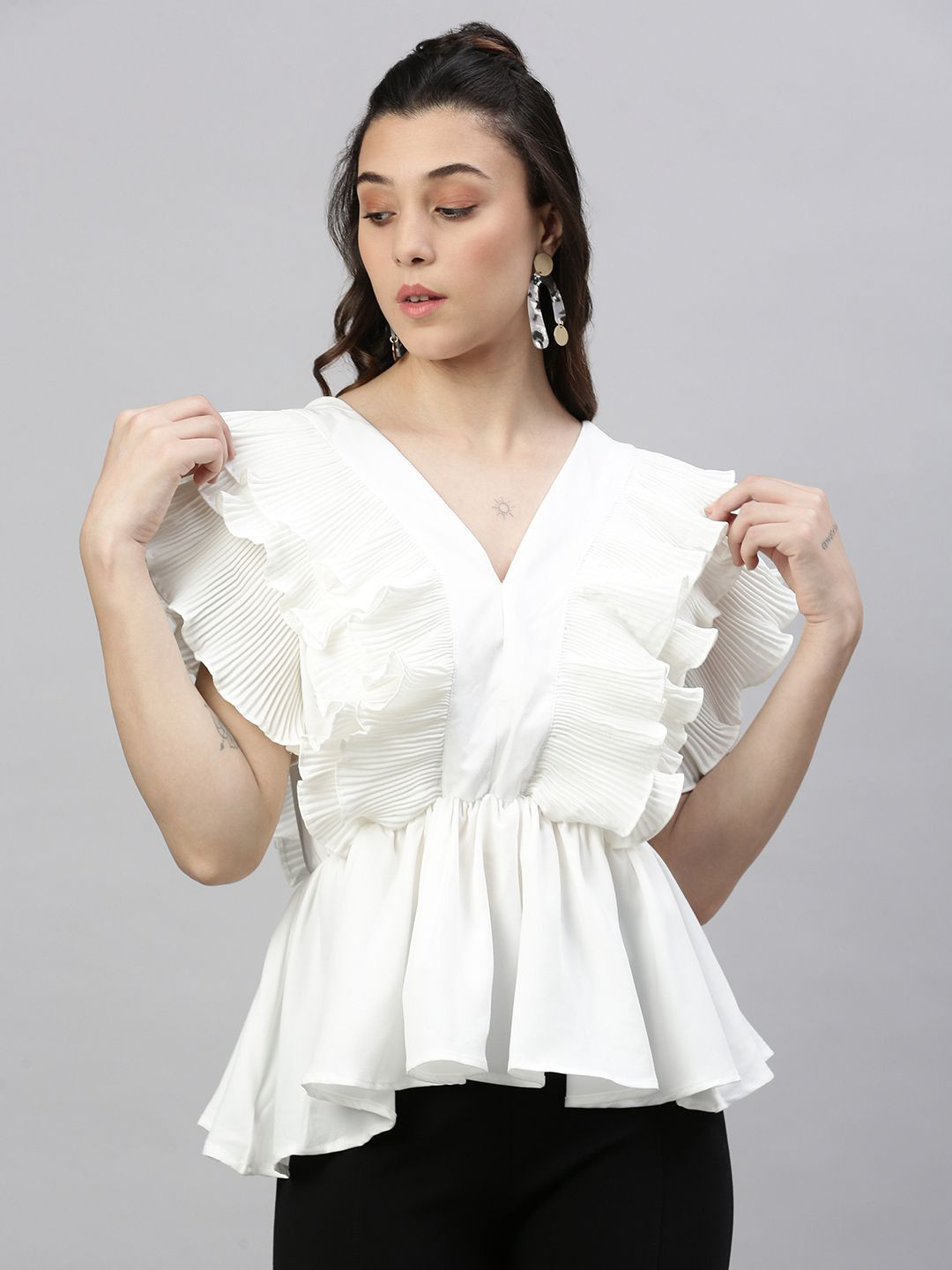 SHOWOFF Women Solid Lace Frills Bows and Ruffles V-Neck Synthetic Crepe Top