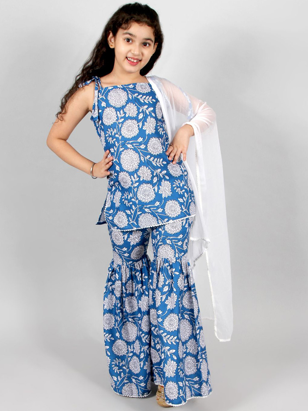 INCLUD Girls Floral Printed Pure Cotton A-Line Kurti With Sharara & Dupatta