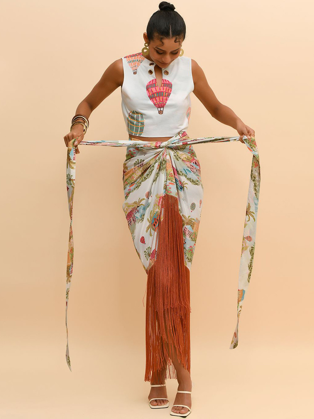 R.Y by Rishi and Vibhuti Printed Fringes Wrap Maxi Skirt