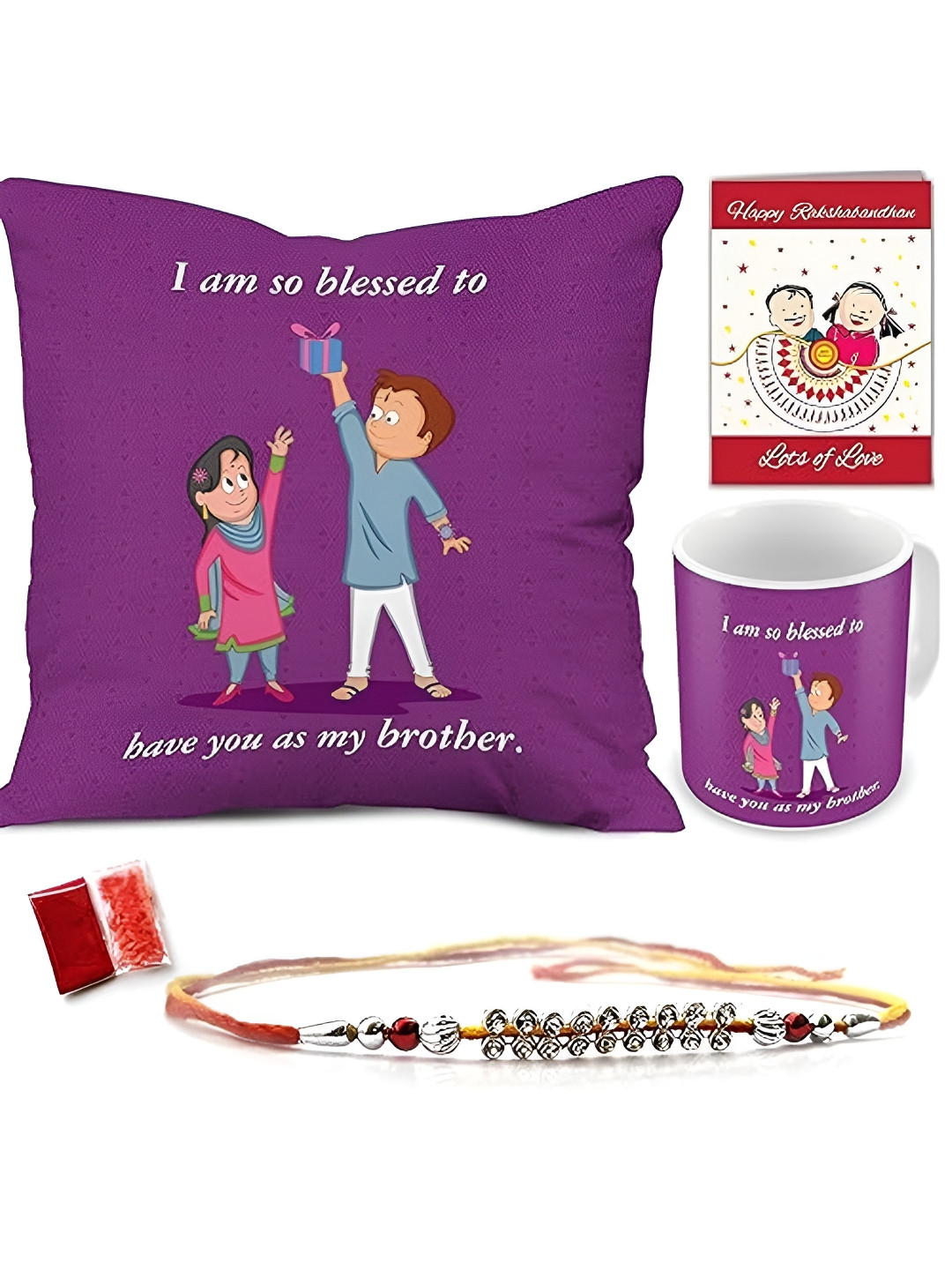Indigifts Beaded Rakhi With Mug & Cushion Gift Set