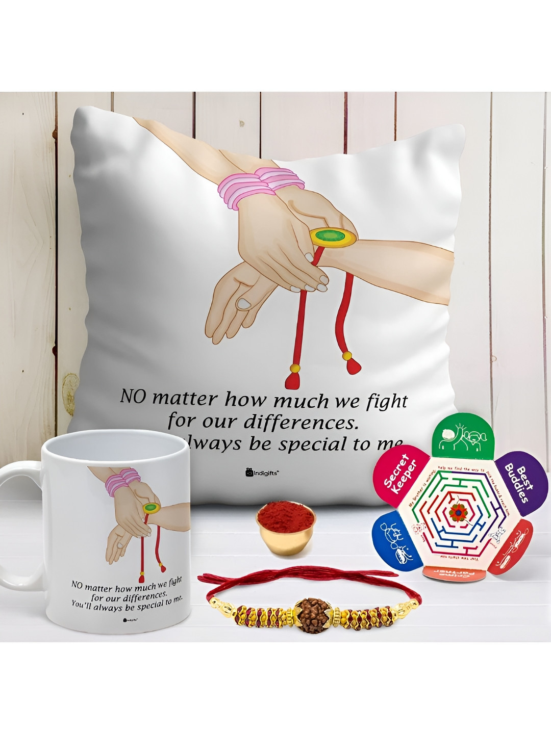 Indigifts Rakhi And Cushion  With Mug Gift Set 330 ml