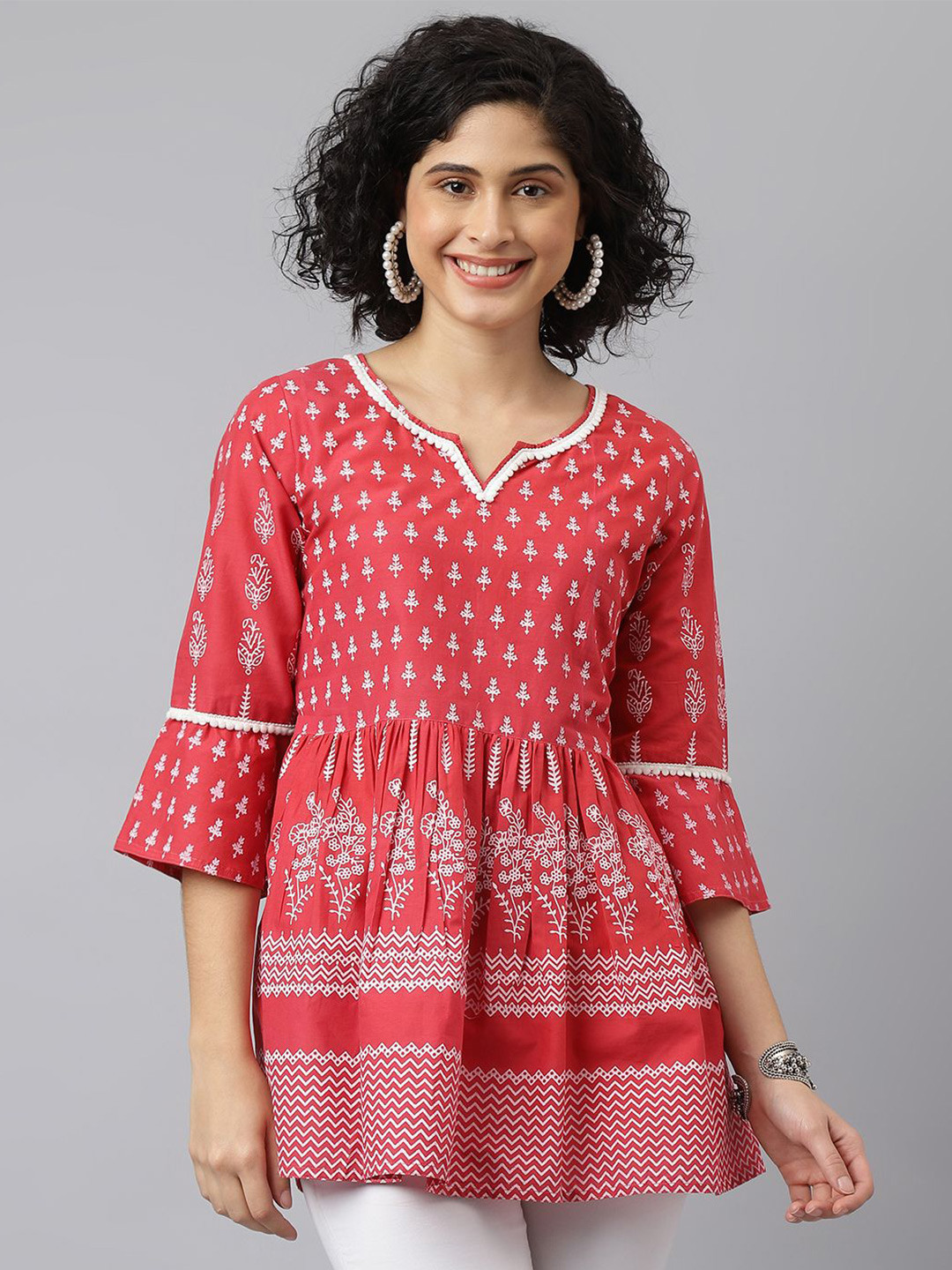 JAIPUR ATTIRE Women Red Printed Bell Sleeve Ethnic Cotton Top