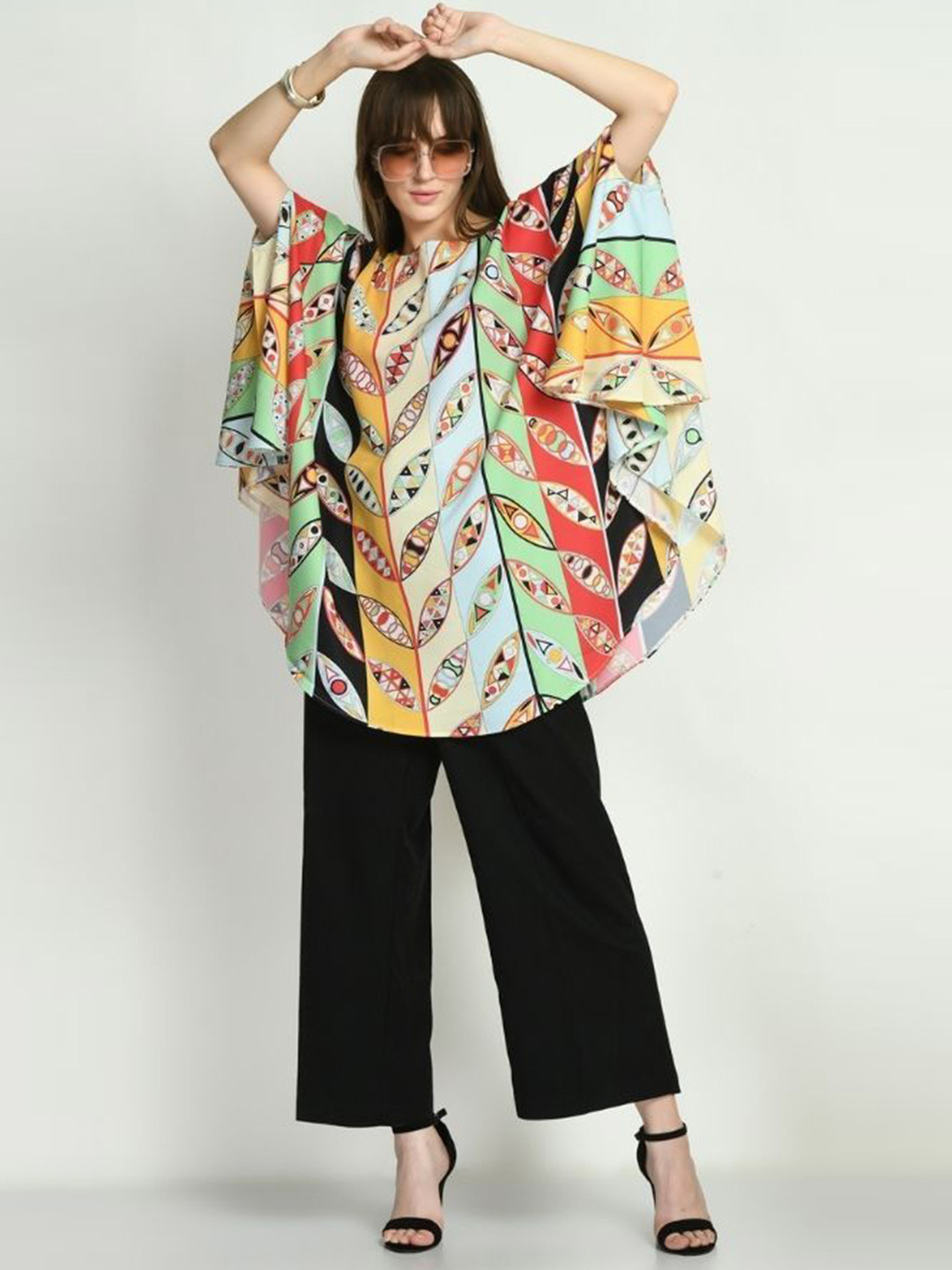 Navvi Print Cape Sleeve Crepe Kaftan Dress
