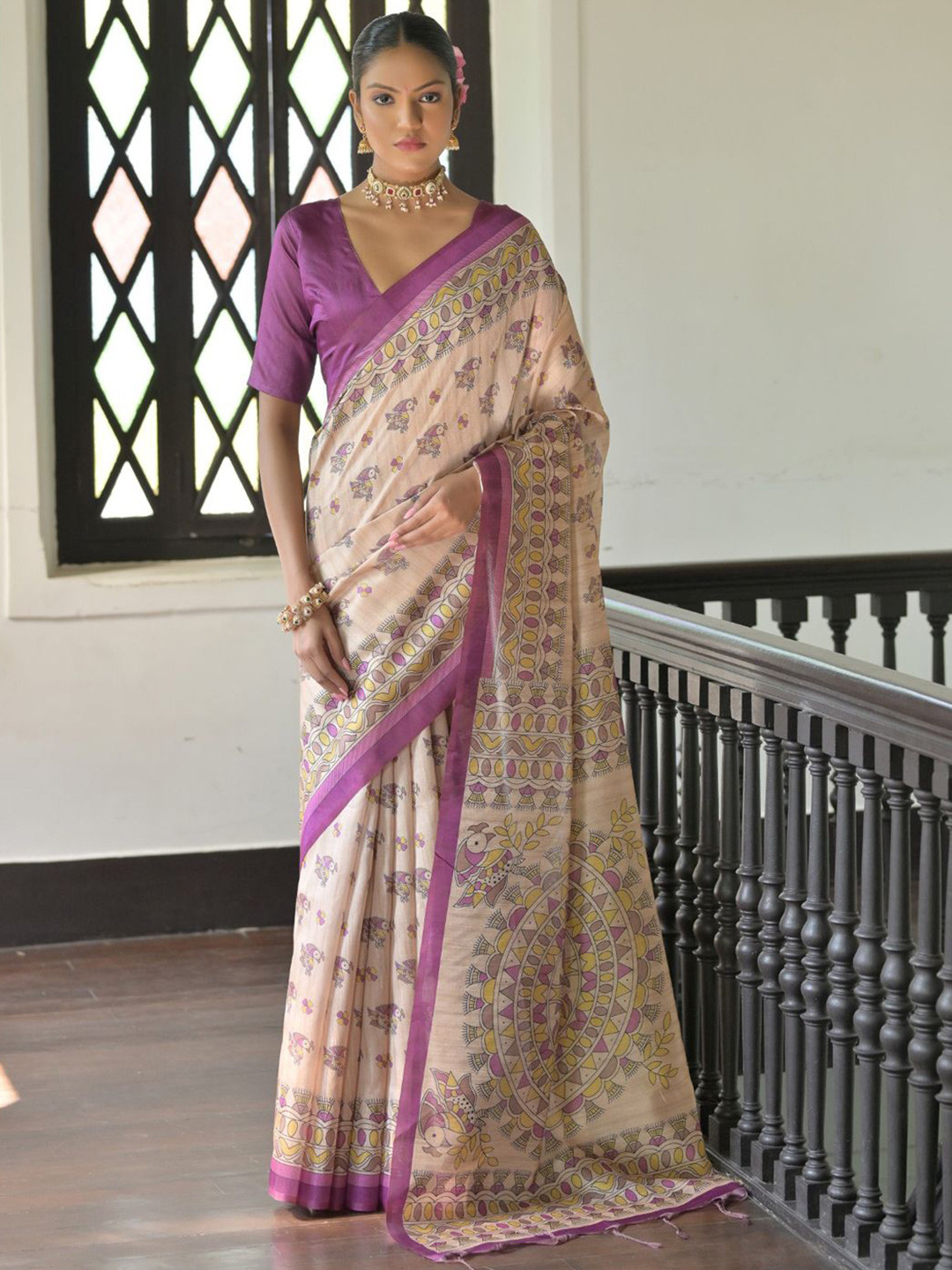 Mitera Madhubani Print Tassel Tussar Saree