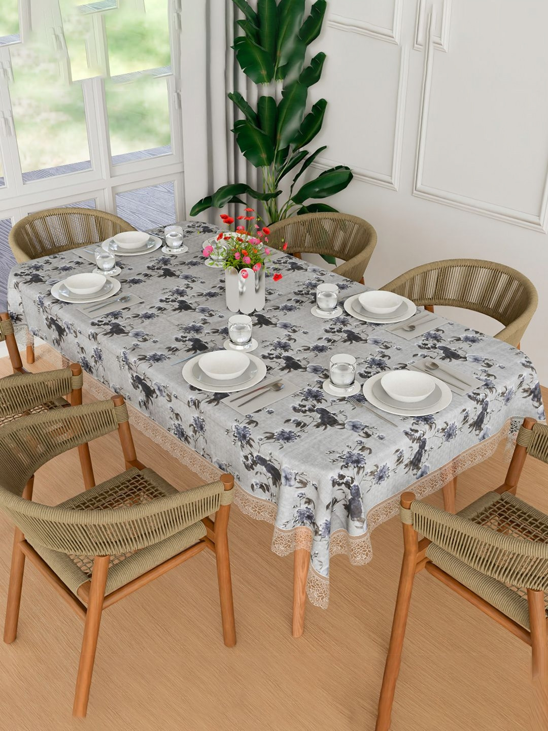 Kuber Industries Grey & White Floral Printed Waterproof 6 Seater Table Cover