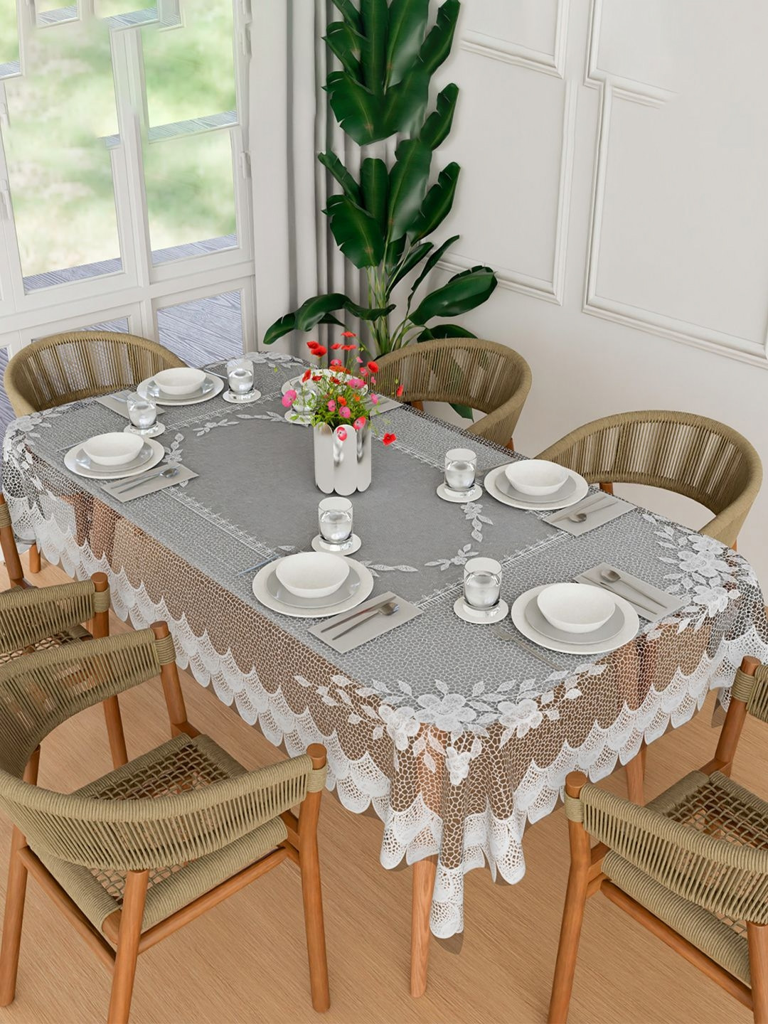 Kuber Industries White & Transparent Floral Printed Waterproof 6 Seater Table Cover