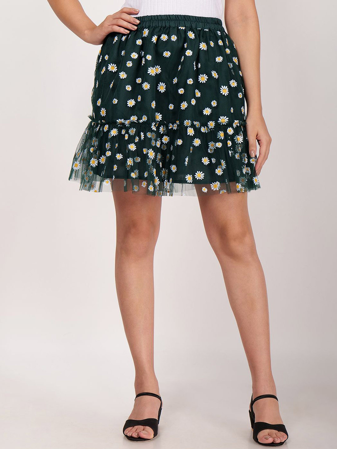 Frolic Rolic Bottle Green Floral Print Net Mini Skirt