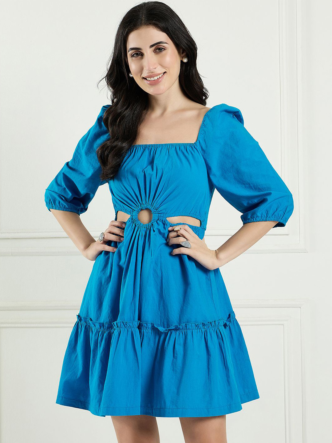 DRAPE AND DAZZLE Puff Sleeve Fit & Flare Dress