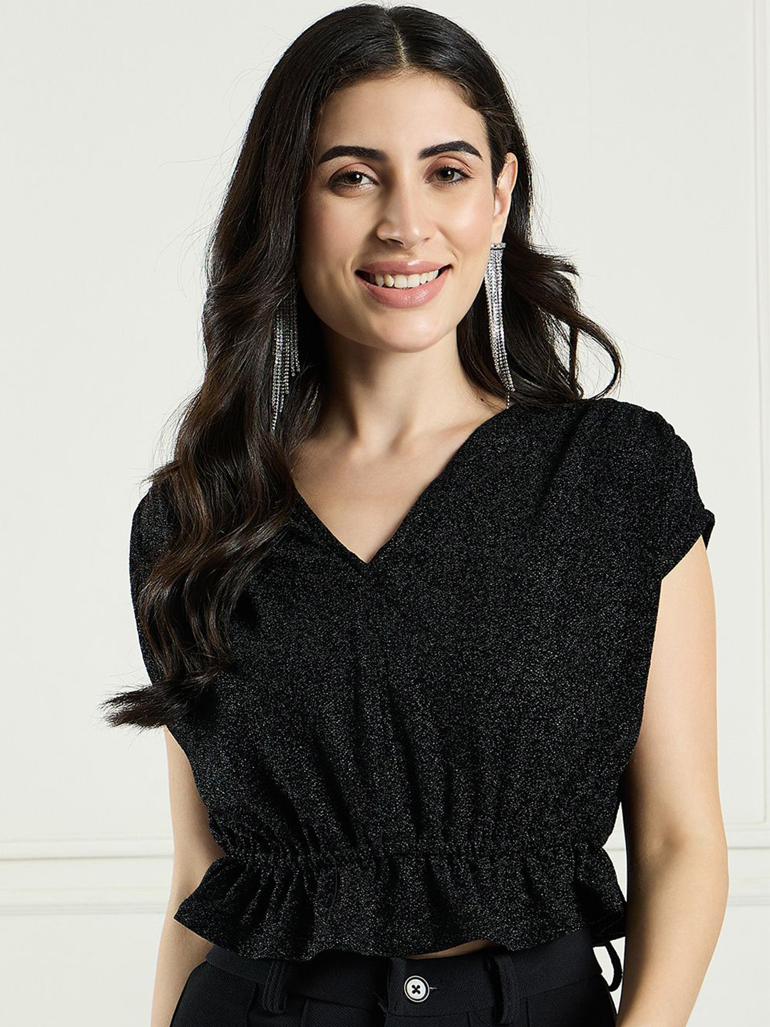 DRAPE AND DAZZLE Women Black Print V Neck Short Extended Sleeves Cinched Waist Top